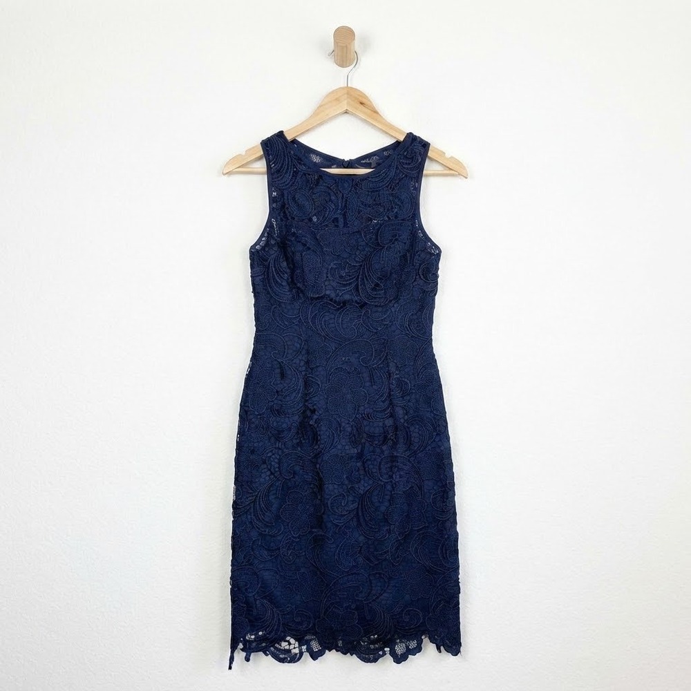 Adrianna Papell Dark Romance Navy Blue Lace Midi Dress Cocktail Party Size 2